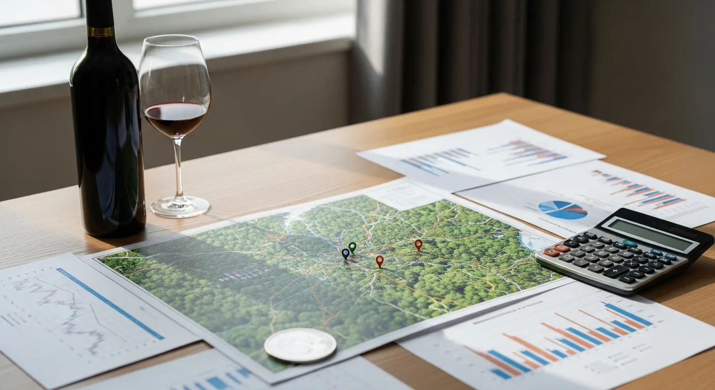 Table d'investisseur avec forêt, vin et graphiques patrimoniaux